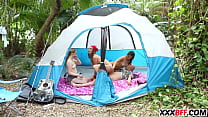 Camping girls sharing a dick