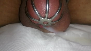 cumming in chastity device with vibrating egg ,hand free cum shot ,cock cage cum