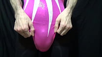 Guy in Pink Leotard Panties and Pantyhose Masturbation