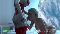 A dickgirl andróide de ficção científica gostosa brincando com uma loira sexy e cheia de tesão na estação espacial