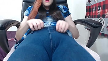 Shemale in jeans jerks her juicy cock