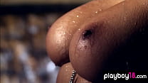 All natural ebony babe Kylie Johnson shows her big boobs at a snowy yard