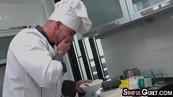 Bigtit beauty sucking chefs cock then dickrides in kitchen