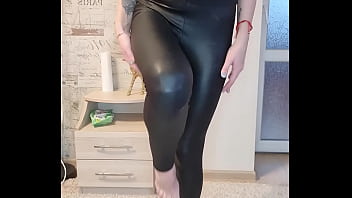 Bitch in Leather leggings Caresses her Legs