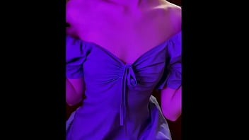Beautiful girl 18 years old with a blue dress masturbates, sucks a dildo and fucks herself in front of you - ArinaFox