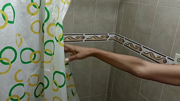 My perverted stepsister touches her delicious pussy while taking a shower.