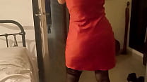 1583 (01) - French Slut in Black Satin Dress and Red Garter Belt, Black Satin Panties, Red Velvet Stockings and Heels, Doggystyle Fucking, Blowjob, Dirty Talk