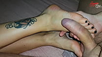 StepSon jerking off and cums on StepMom's feet